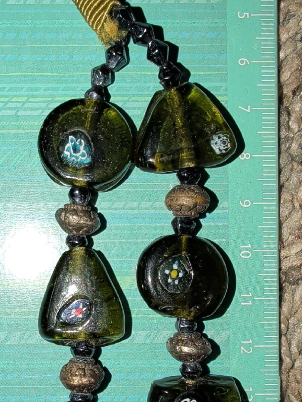 1950's Dual Strand Murano Venetian Olive Green Glass Millefiori Bead Necklace - Picture 10 of 16
